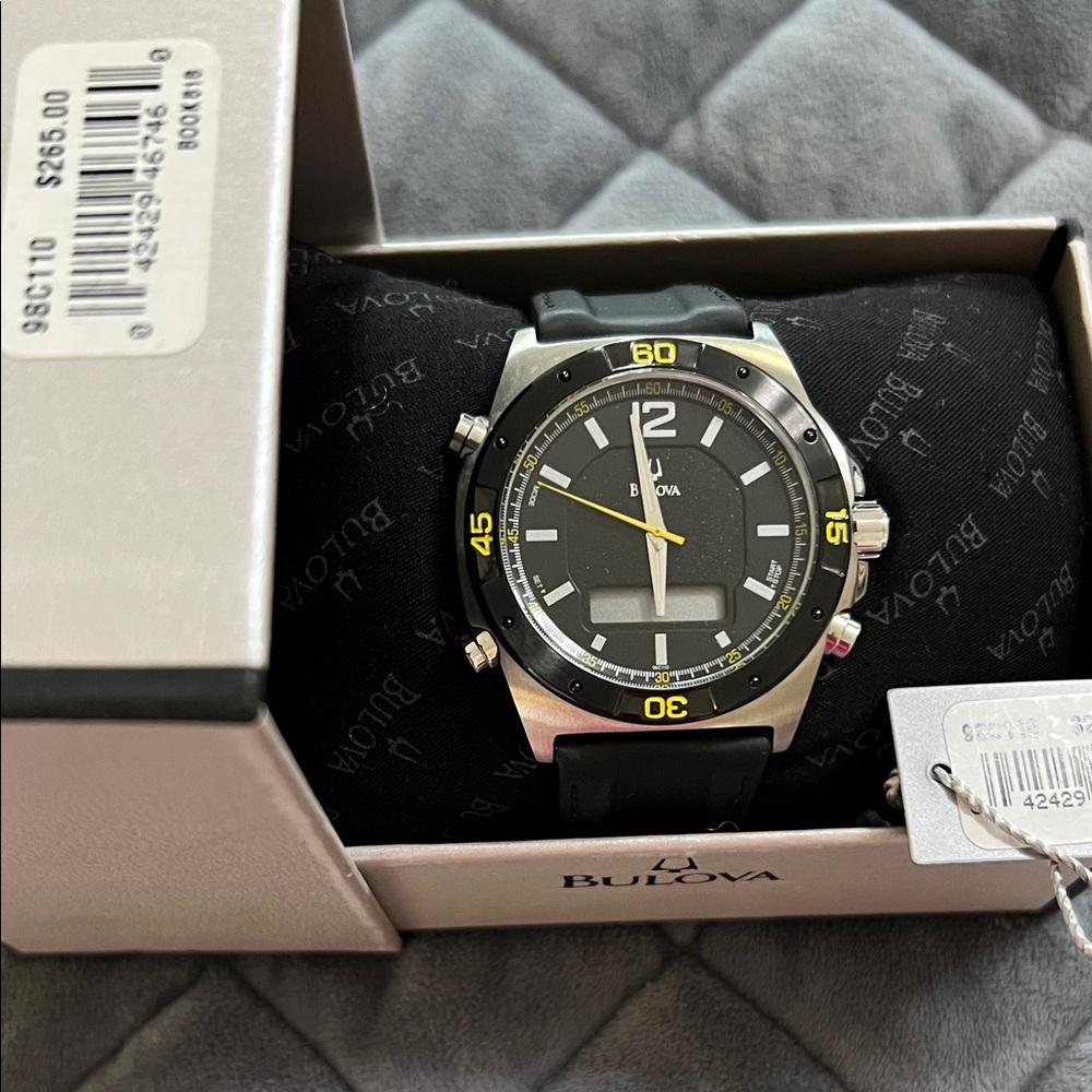 Bulova Black and Silver Watch with Yellow Details